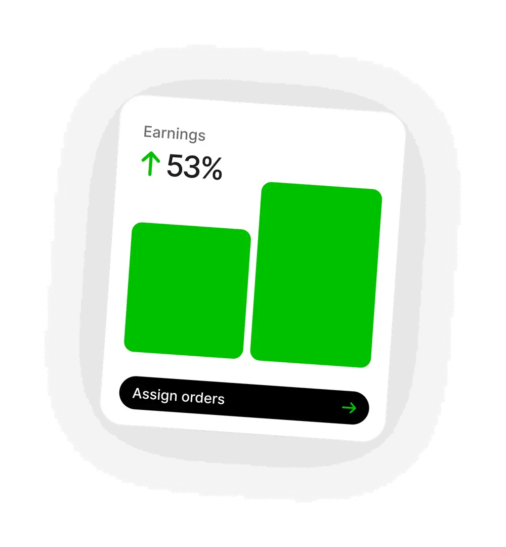 Earnings card up 53% with an Assign orders action